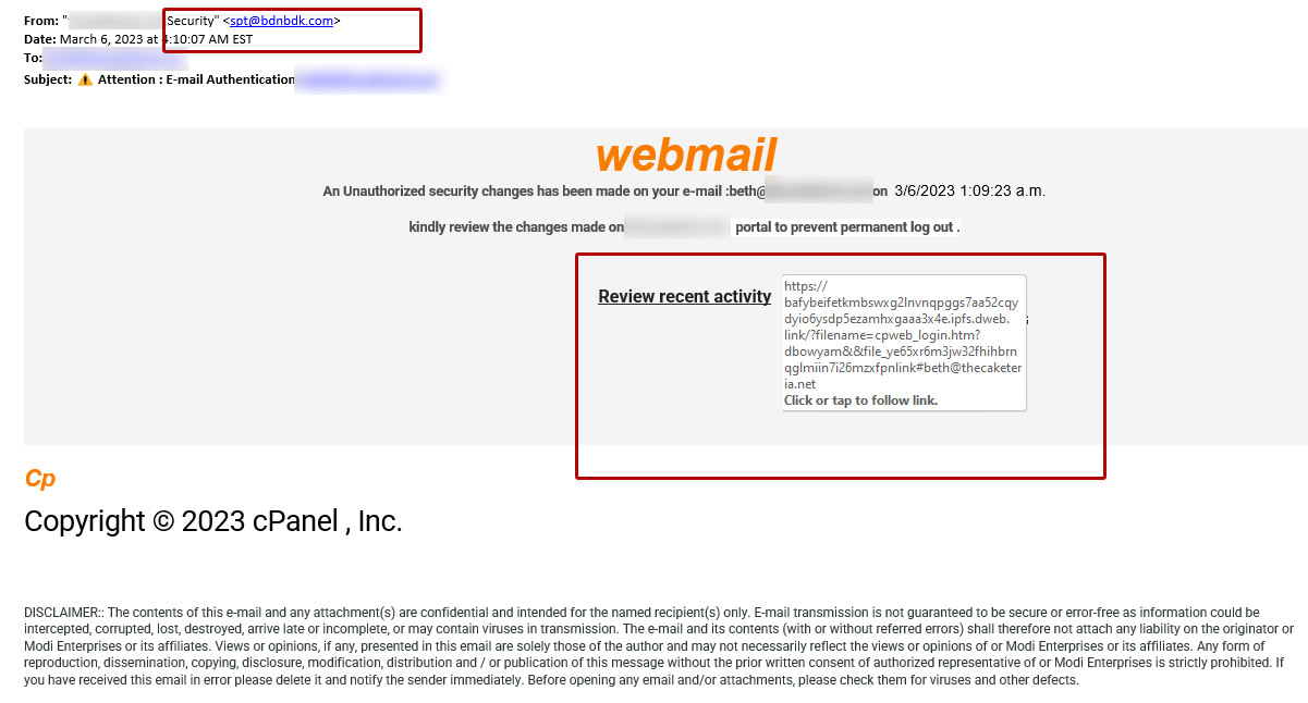 Screenshot of phishing attempt