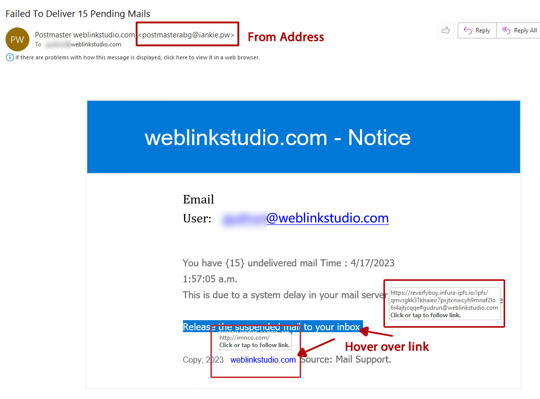 Example of e-mail phishing scam